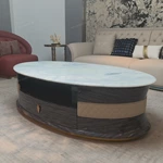 Oval Pale Green Marble Coffee Table with Cream Leather Band and Dark Glossy Wood